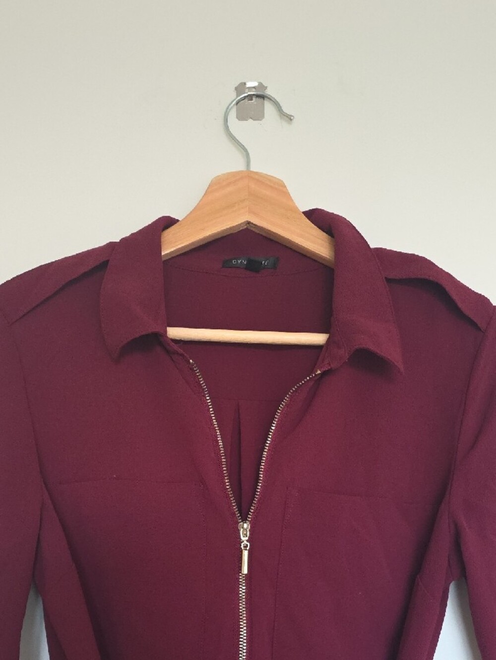 Women's Long Sleeve Burgundy Shirt Dress with Zip and Waist Tie